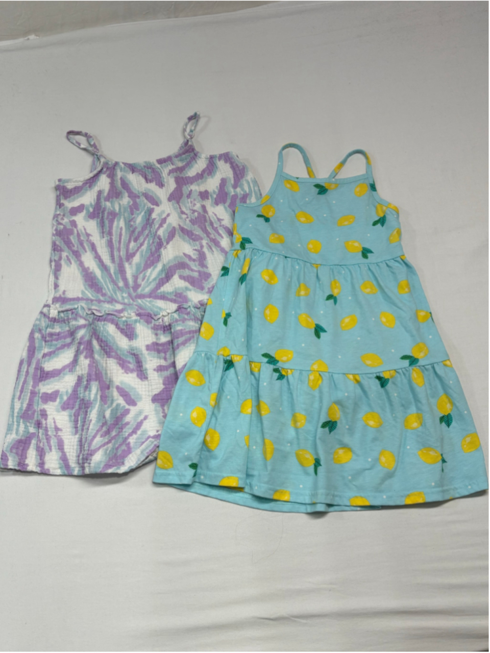 Girls Set of 2 Casual Summer Dresses Size 7-8 White Purple Blue Lemon - 897